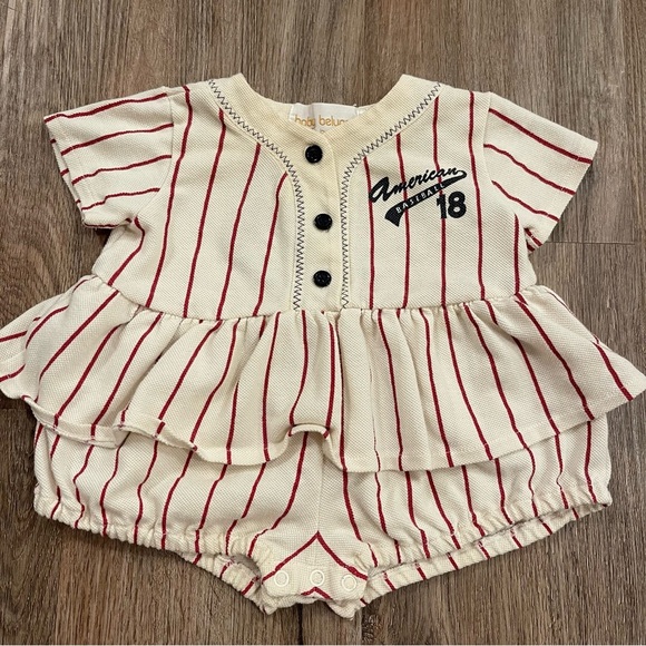 Vintage Baby Beluga Romper Baby Girl 3-6 Months Baseball Sports Beige Red
